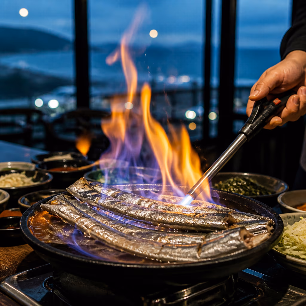 Galchibada Aewol whole grilled hairtail flambe performance over charcoal with a sunset ocean view