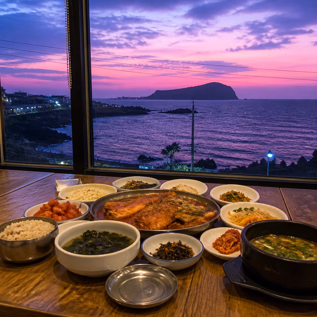 Galchibada Aewol's sunset-set menu with Hallabong makgeolli and the floor-to-ceiling ocean view