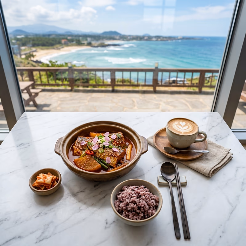 석양빛 카페거리 너머로 보이는 갈치바다 통유리 창가