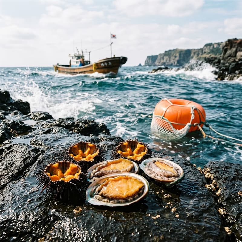 바위 위 전복과 성게, 아침 바다와 어선
