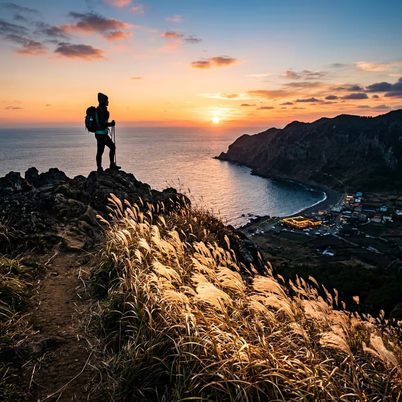 오름 정상 억새밭 너머로 보이는 해안가 불빛