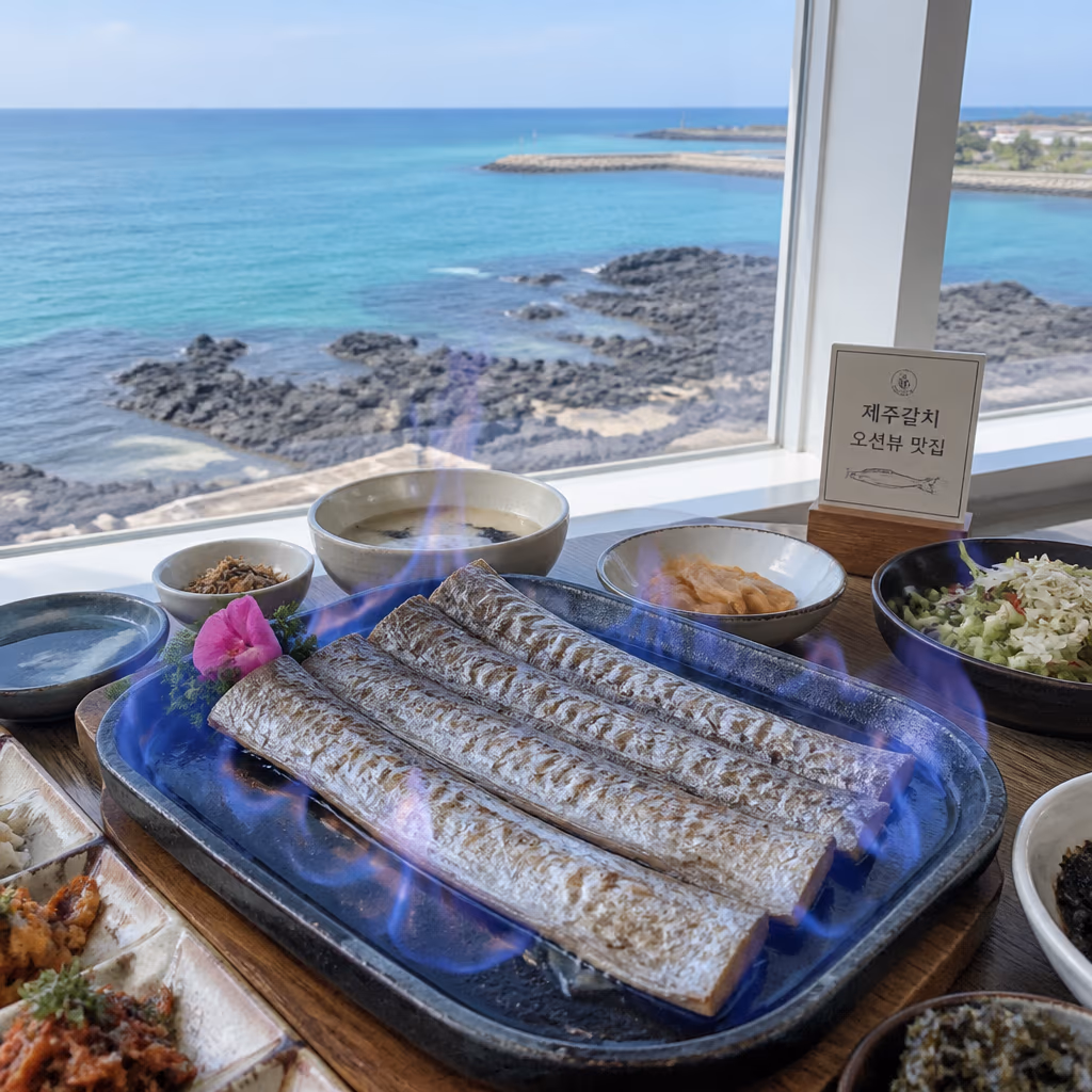 Galchibada Aewol whole grilled hairtail flambe performance over charcoal with a sunset ocean view