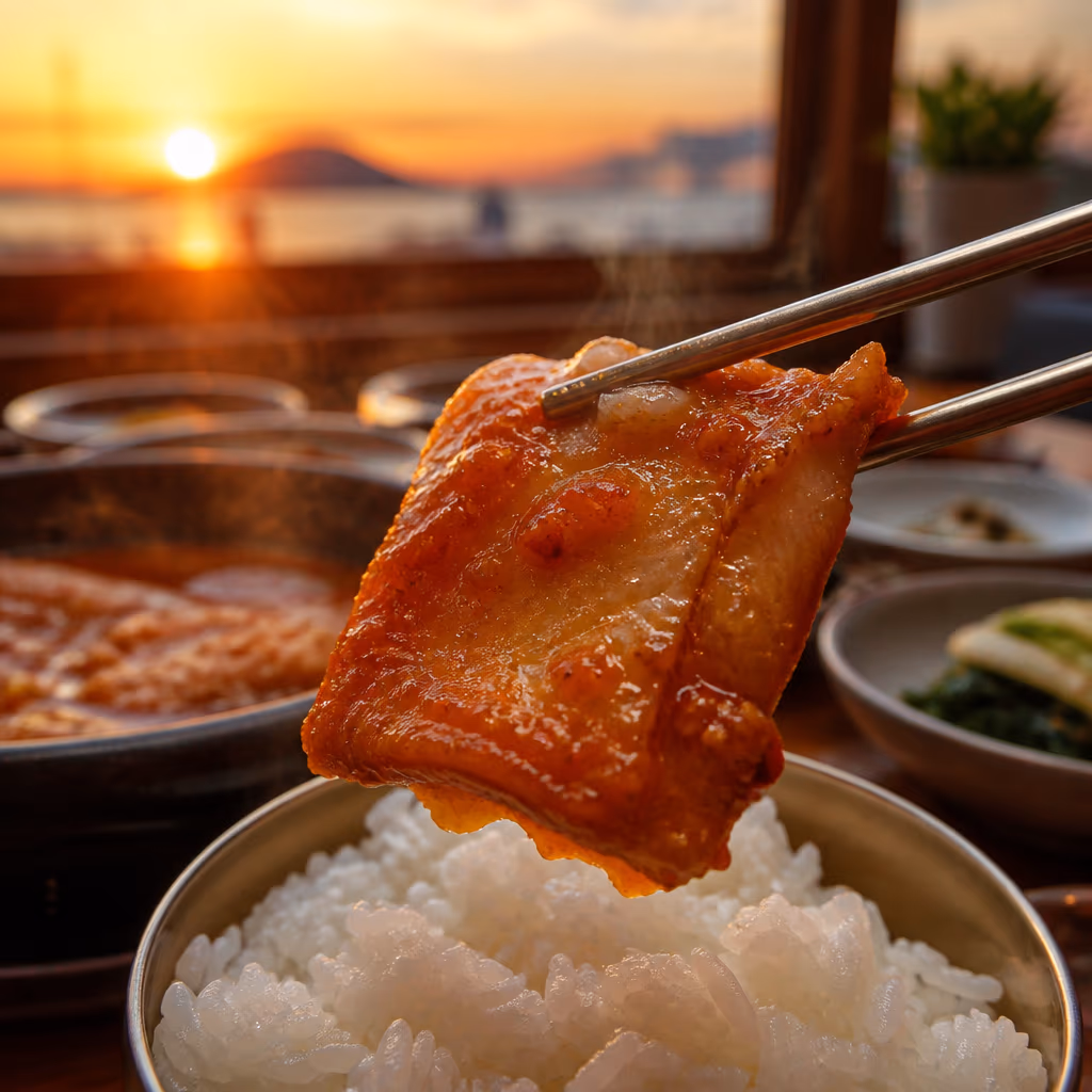 갈치바다涯月店の太刀魚煮付け一切れと暮れのオーシャンビュー