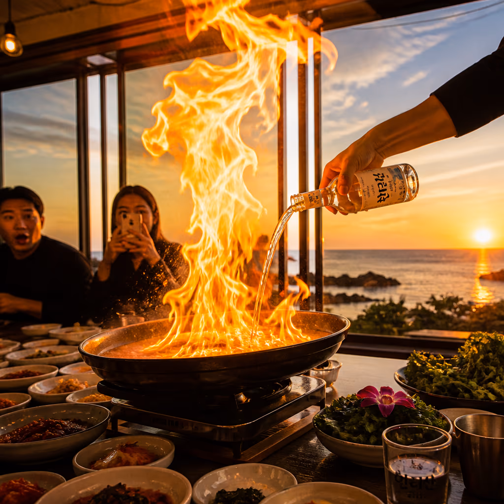 カルチパダ涯月店の丸ごと太刀魚焼きフランベと午後の陽射しオーシャンビュー