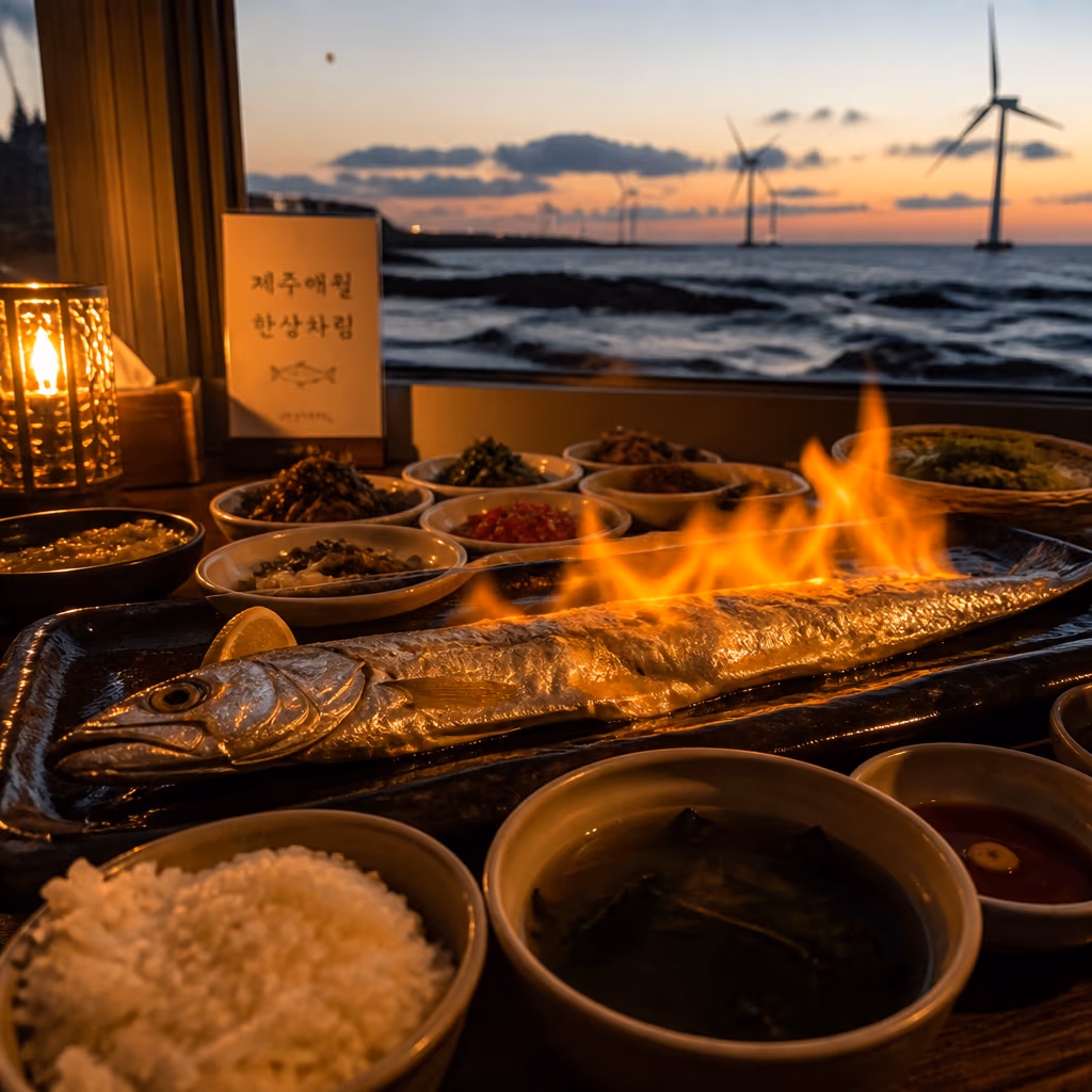 갈치바다涯月店带鱼火焰料理表演与落日海景