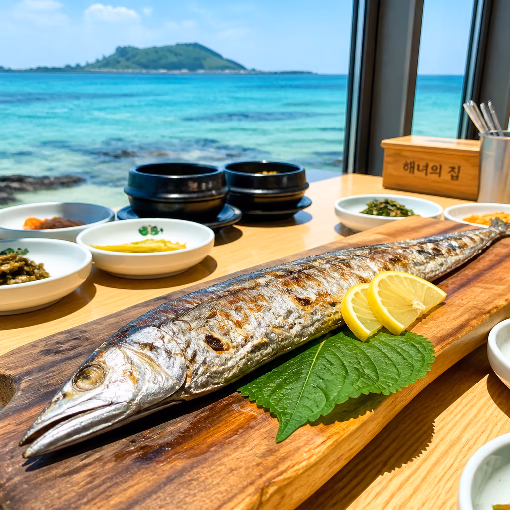 갈치바다涯月店烤整條帶魚與翡翠色落地窗海景