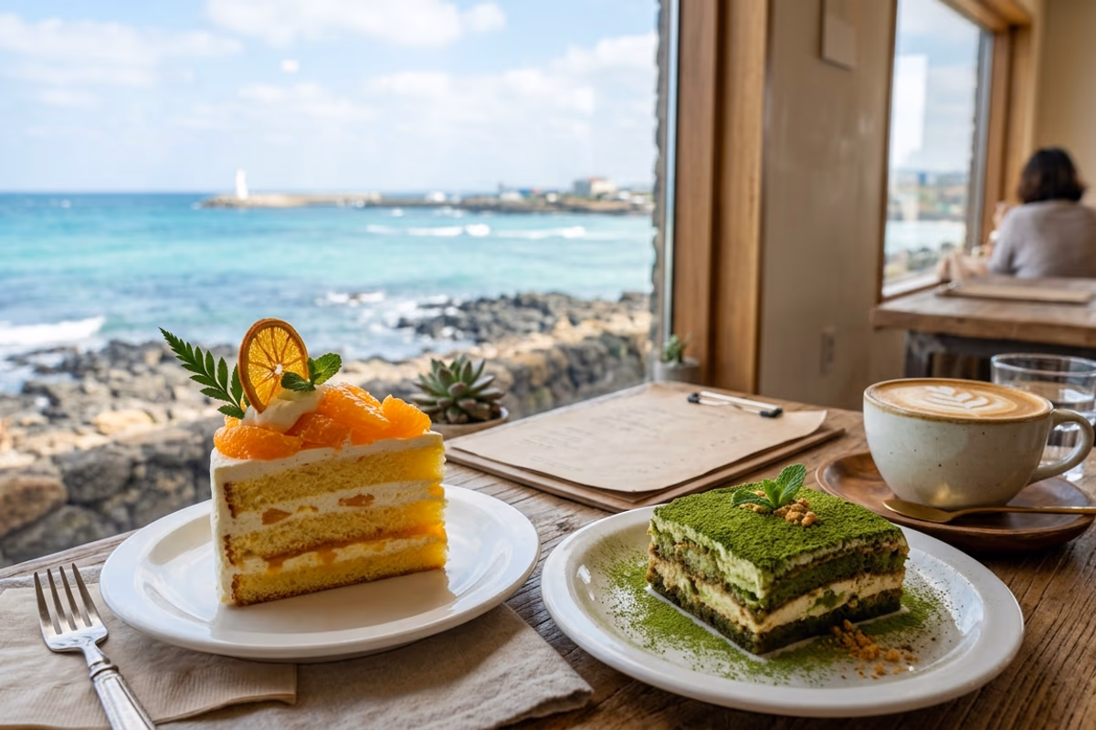Aewol Cafe Street Hallabong dessert plate with an ocean-view table