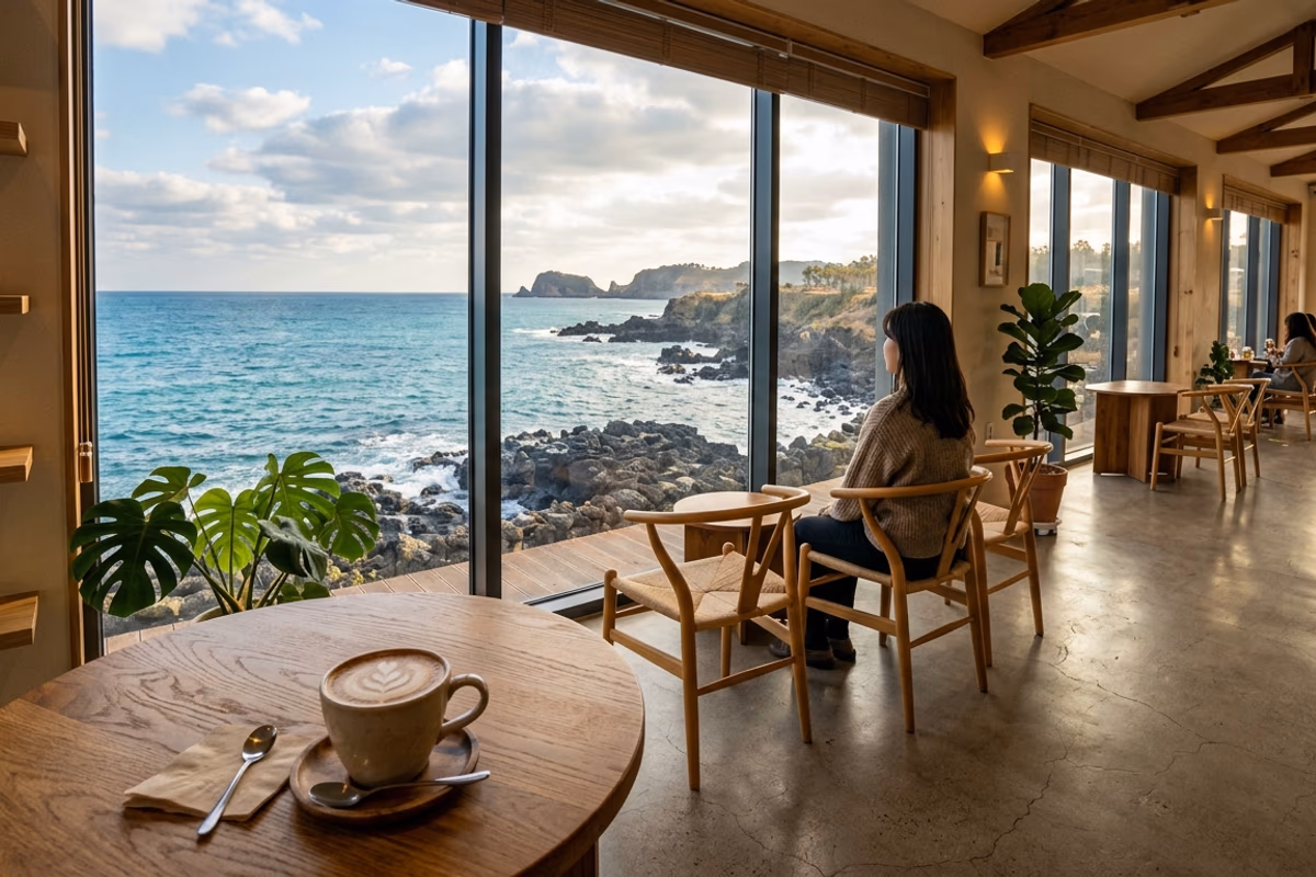 애월 카페거리 오션뷰 테라스에서 바라본 에메랄드빛 바다와 현무암 해안