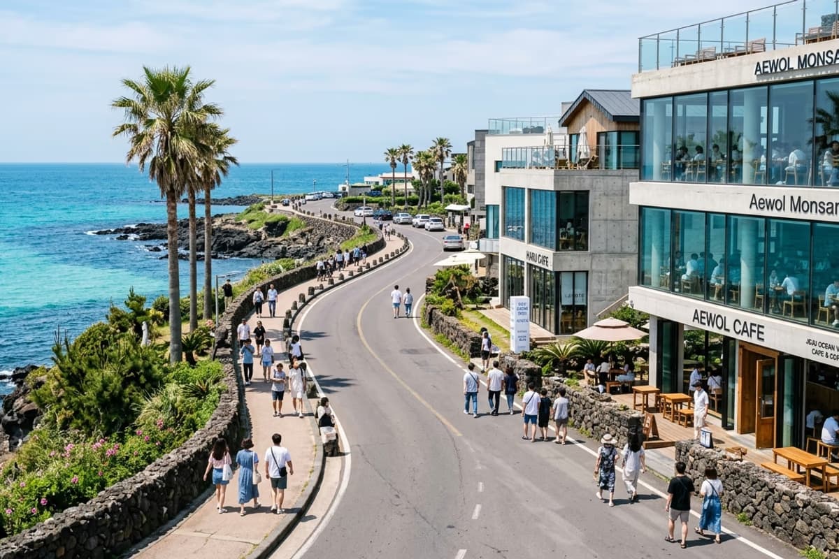 Aewol Café Street coastal road with full-height-window cafés facing emerald turquoise water along the western Jeju coast