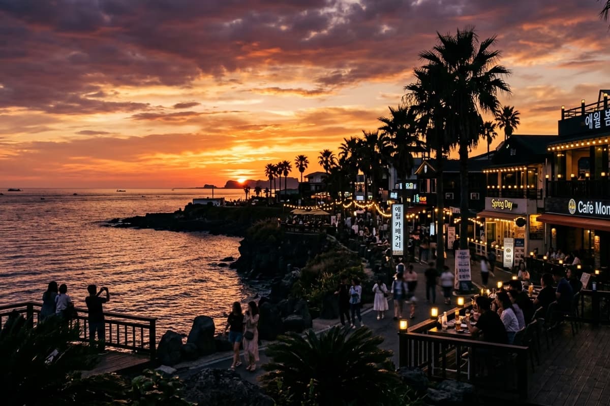 애월 카페거리에서 바라본 서쪽 수평선 일몰과 비양도 실루엣