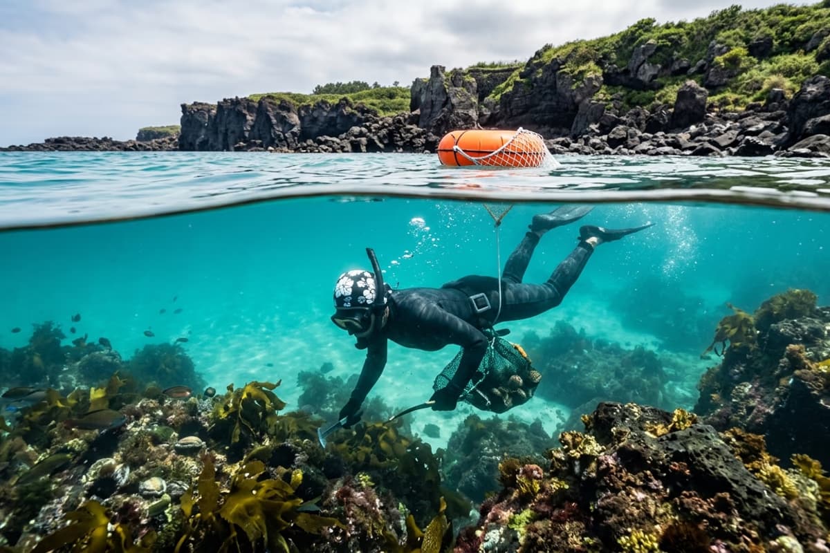 제주 해녀 물질 장면과 테왁, 바다 풍경