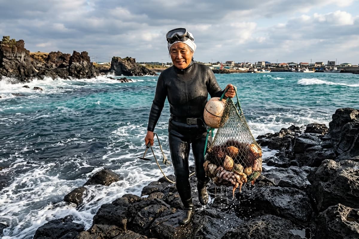 破曉時分的涯月港防波堤,黑色潛水服的海女帶著橙色テワク浮力具走入大海
