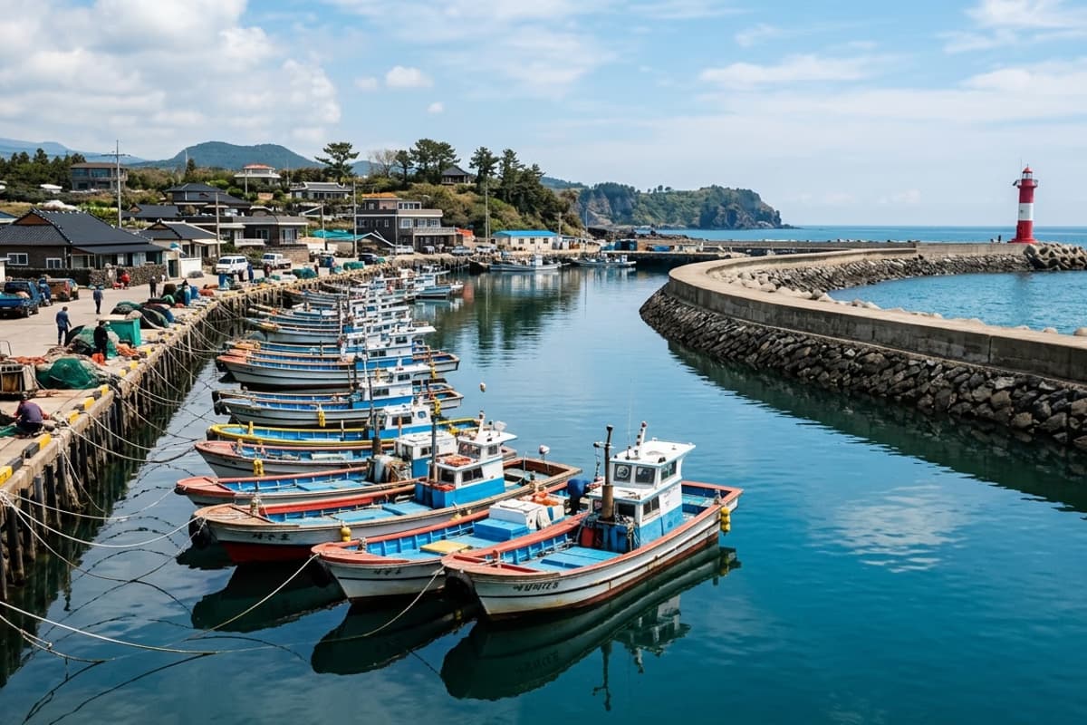 애월포구 어선과 방파제 풍경