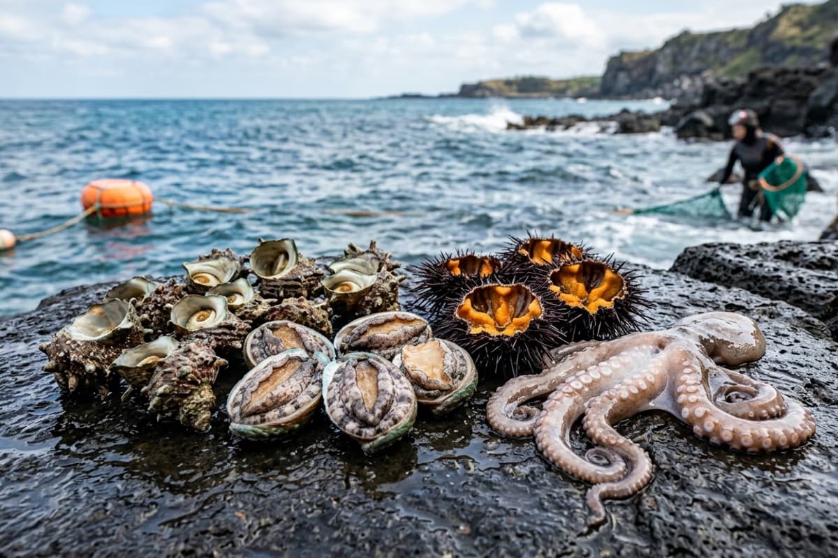 제주 해녀가 채취한 신선한 해산물, 전복·소라·성게