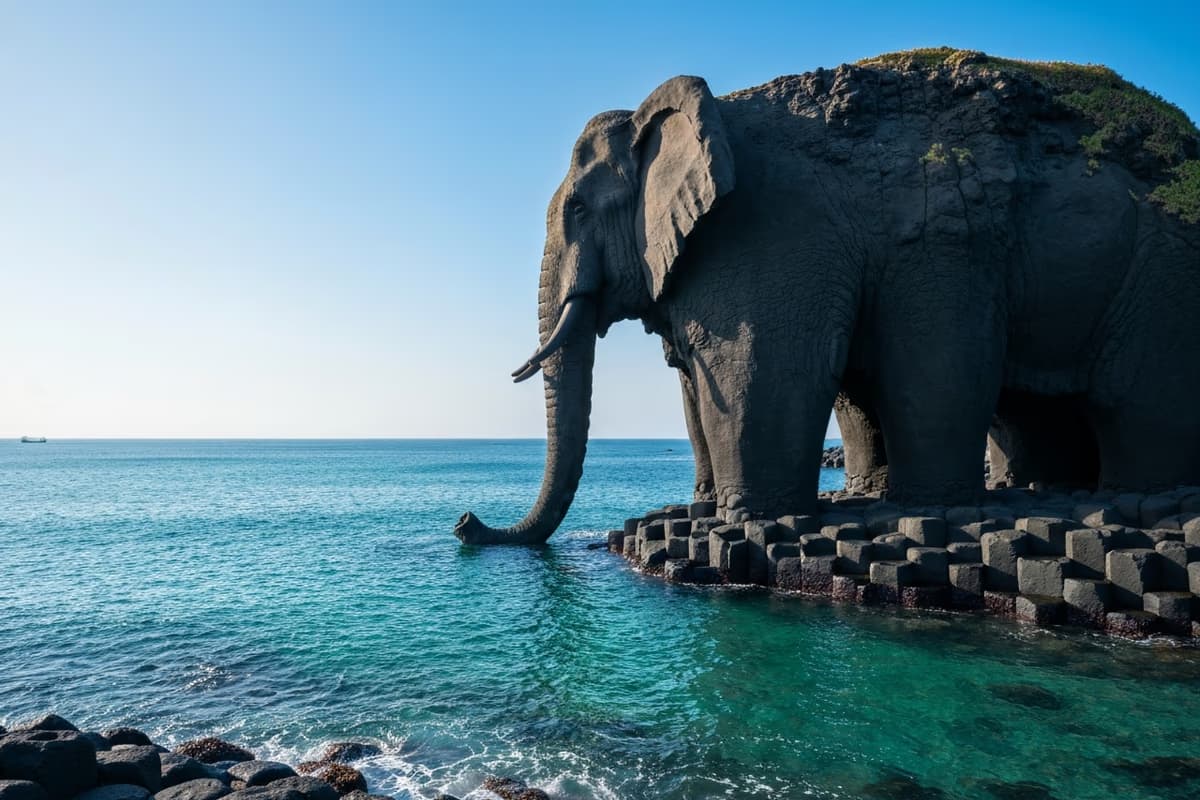 Elephant Rock on the Biyangdo coast — a black basalt formation that resembles an elephant lowering its trunk