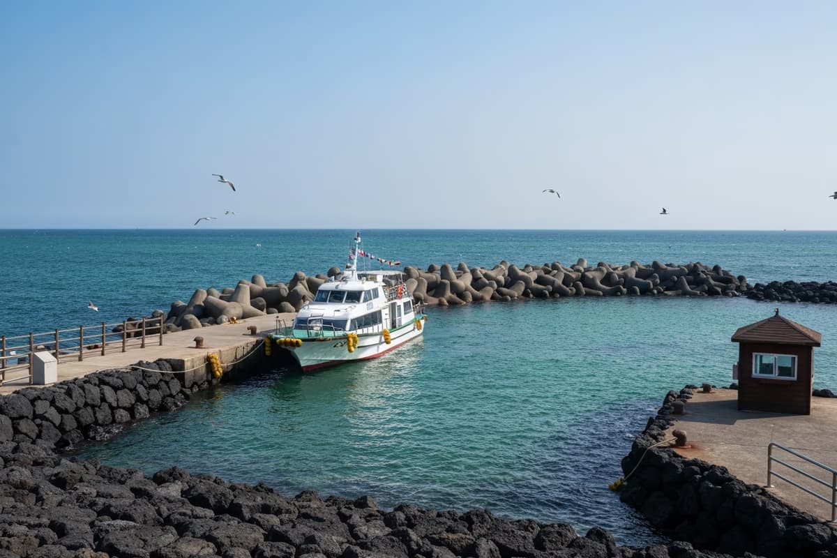 A small ferry docking at Biyangdo's pier after the short crossing from Hyeopjae Port