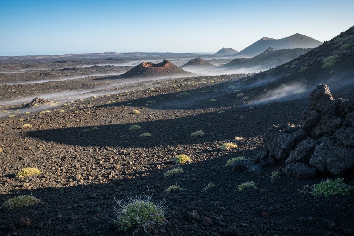 A field of hornito towers along the Biyangdo shoreline — small basalt chimneys formed by gas escapes from a late lava flow
