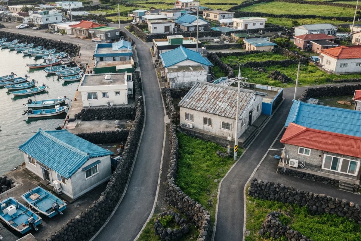 Biyangdo's small fishing village — low basalt walls and slate-roof homes around the small harbour