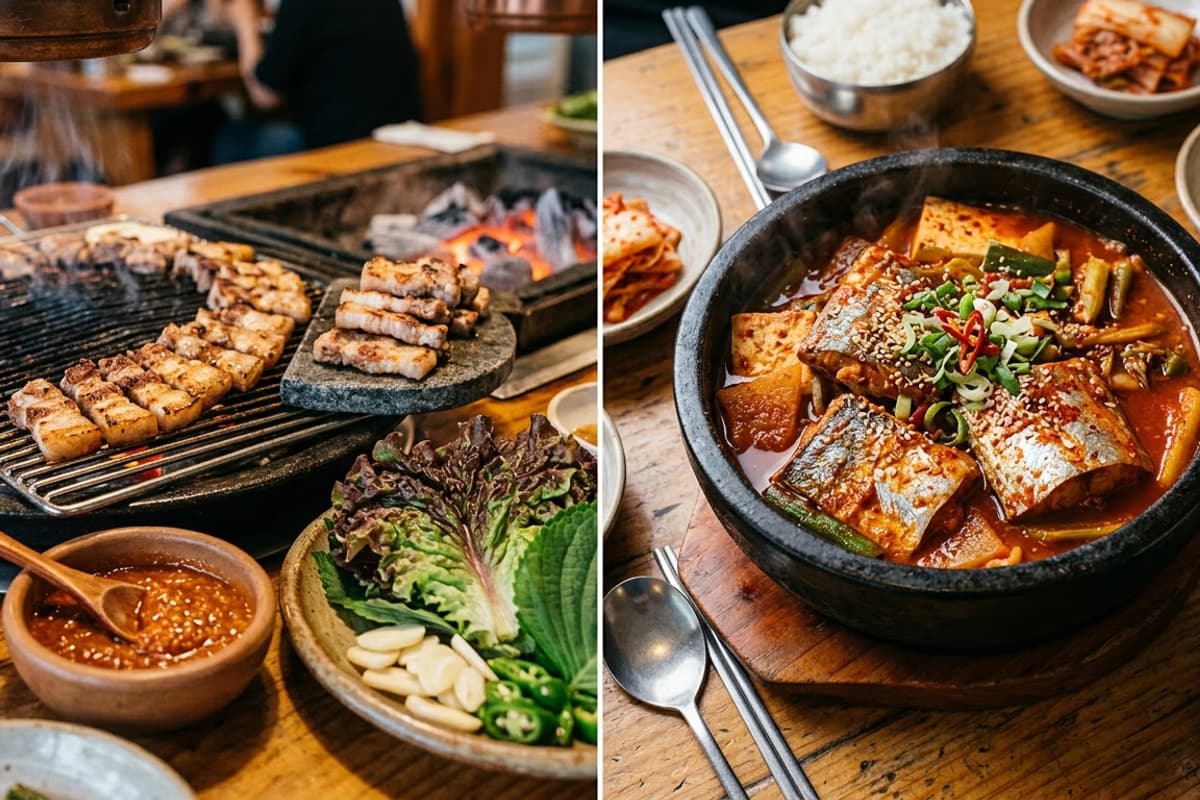 A composition of Jeju black pork and Jeju hairtail dishes side by side