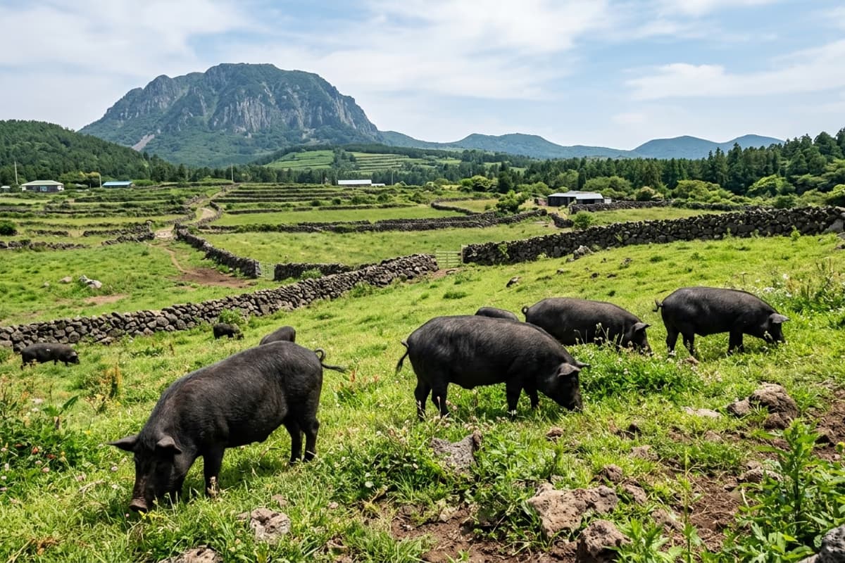 Jeju heritage black pigs grazing on volcanic-ash pasture