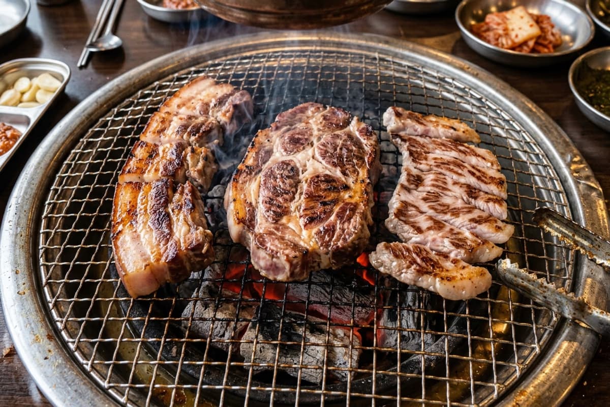 Pork belly, neck, and jowl arranged side by side on a charcoal grill