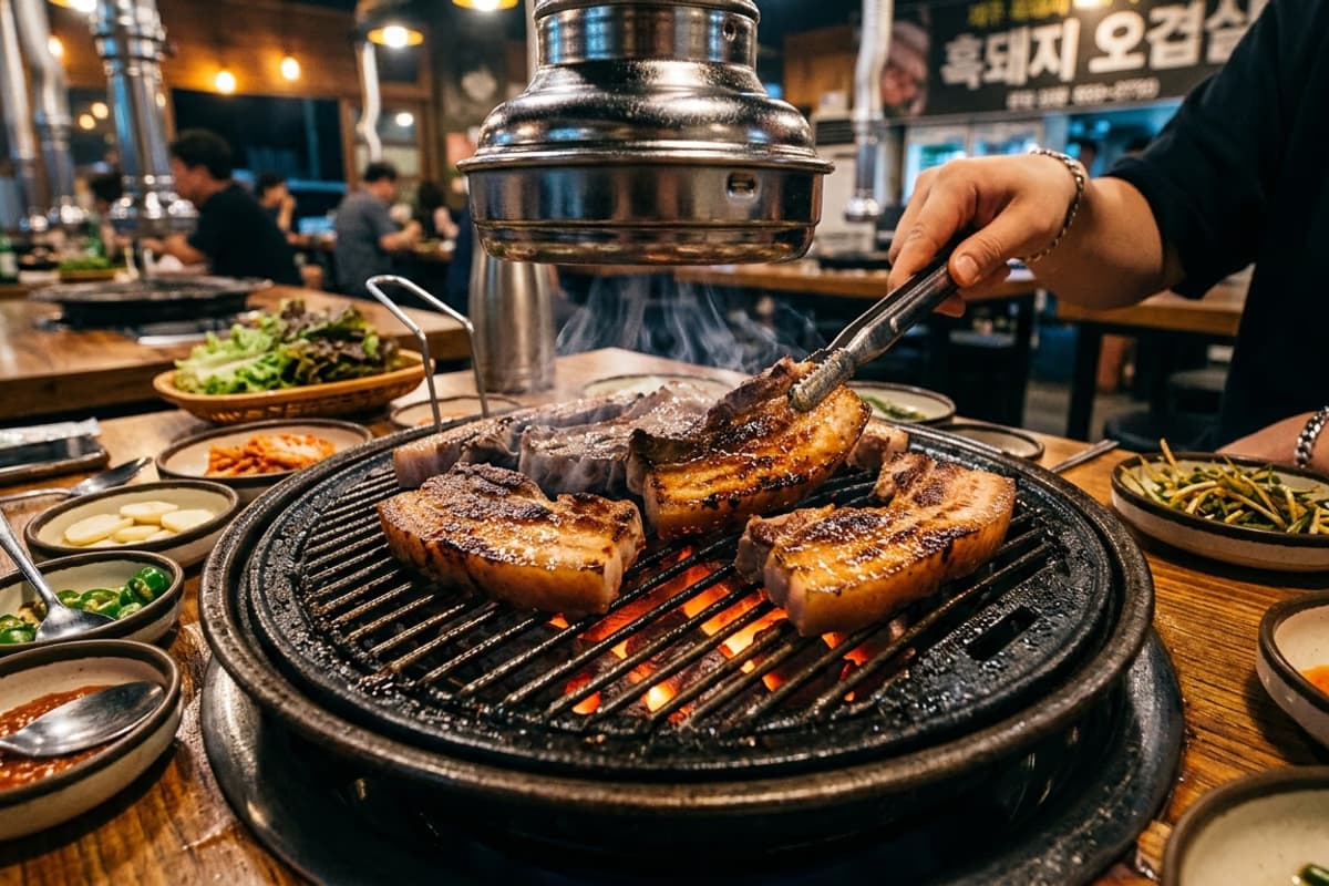 Thick-cut Jeju black pork belly searing on a charcoal grill