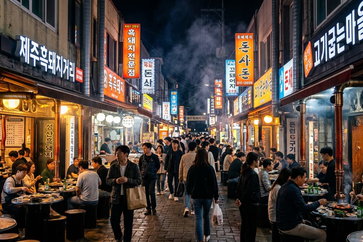 Jeju Black Pork Street at dusk — neon signs lighting up the restaurant alley