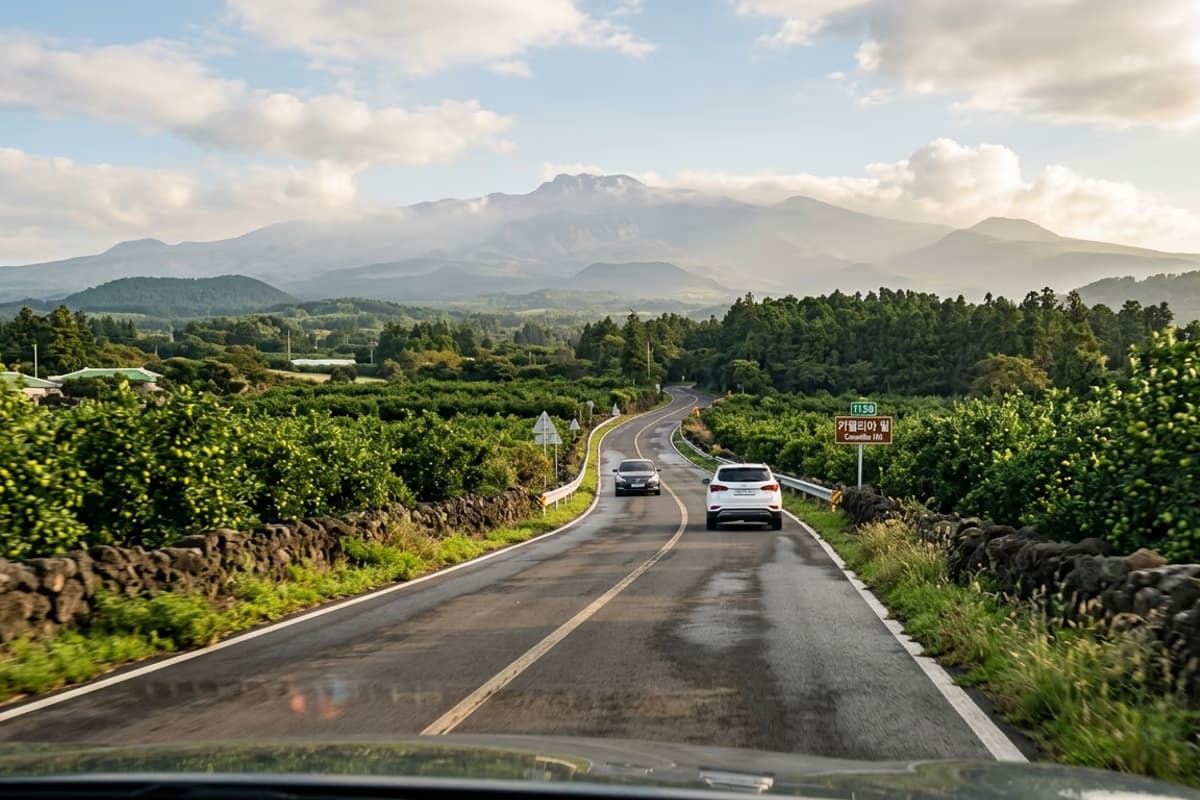 中山間道路と漢拏山方向の風景
