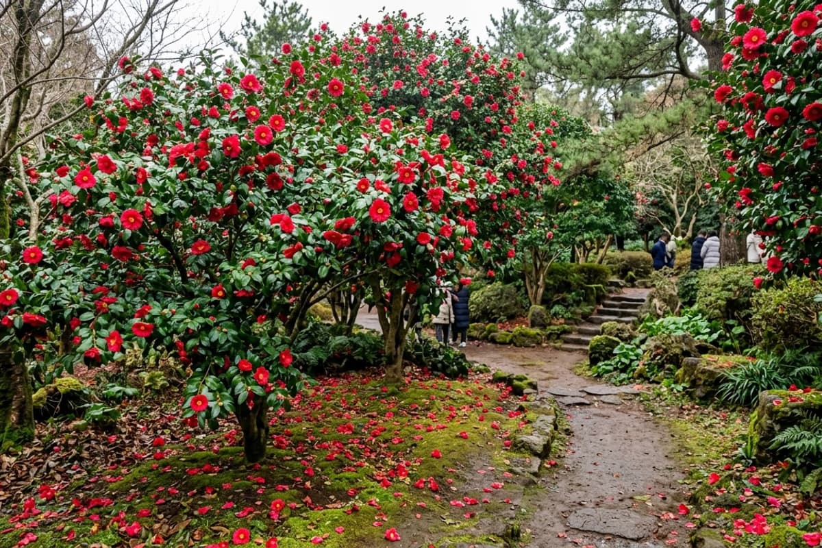 椿の庭園入口の真紅の椿と深緑の葉