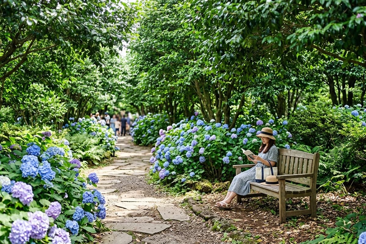 夏の濃緑の庭園と木陰のベンチ