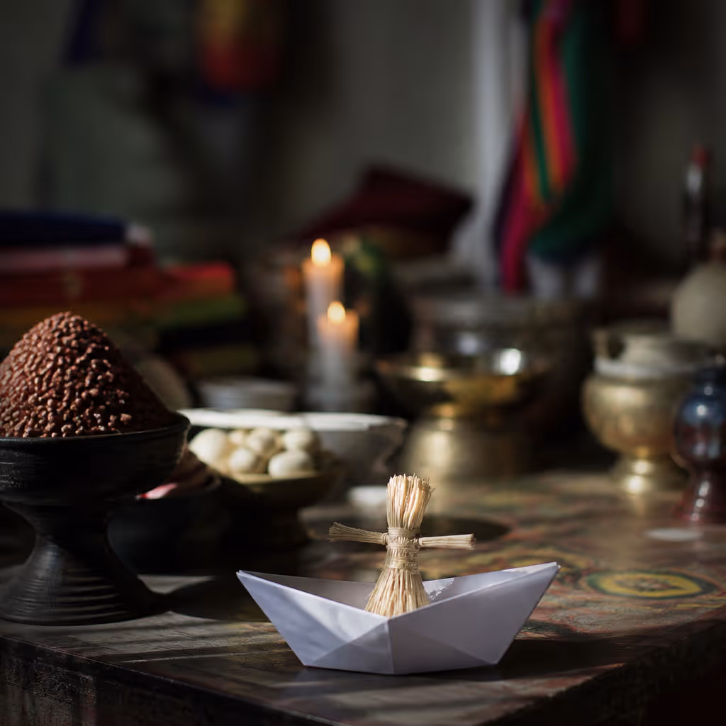 Chilmeoridang Dojin movement closing the one-hour ritual with the paper boat set gently in a corner of the stage
