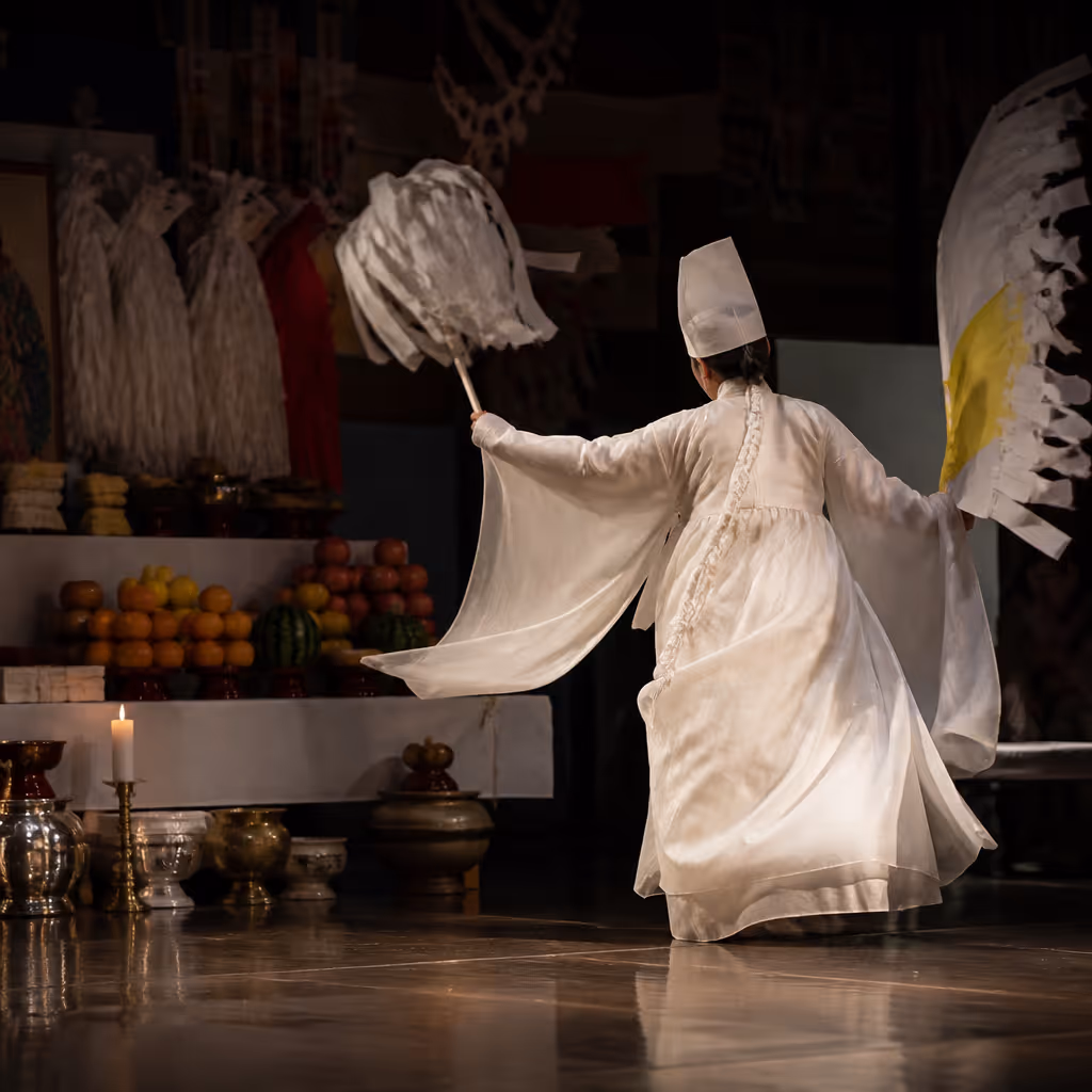 Chilmeoridang Yeongdeunggut summer stage with a shaman in white robes and paper flags reenacting one movement of the ritual