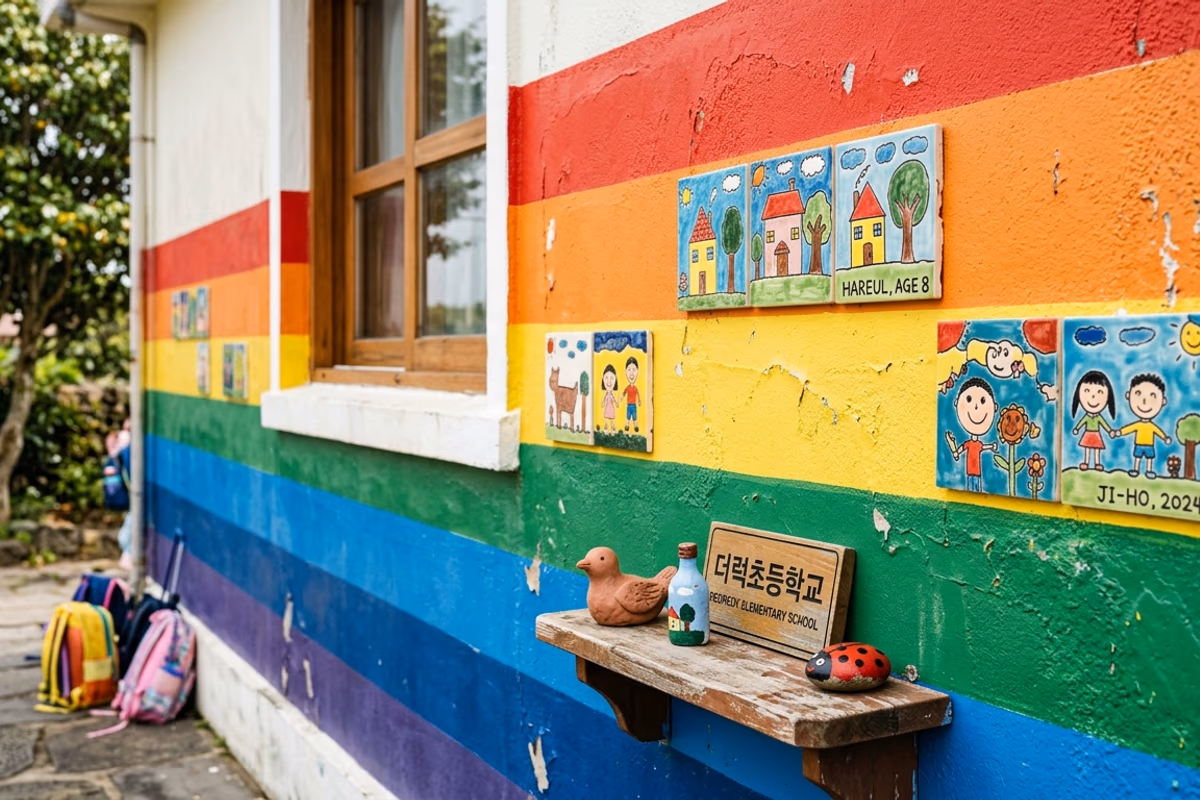 Deoreok Elementary School rainbow walls and the schoolyard