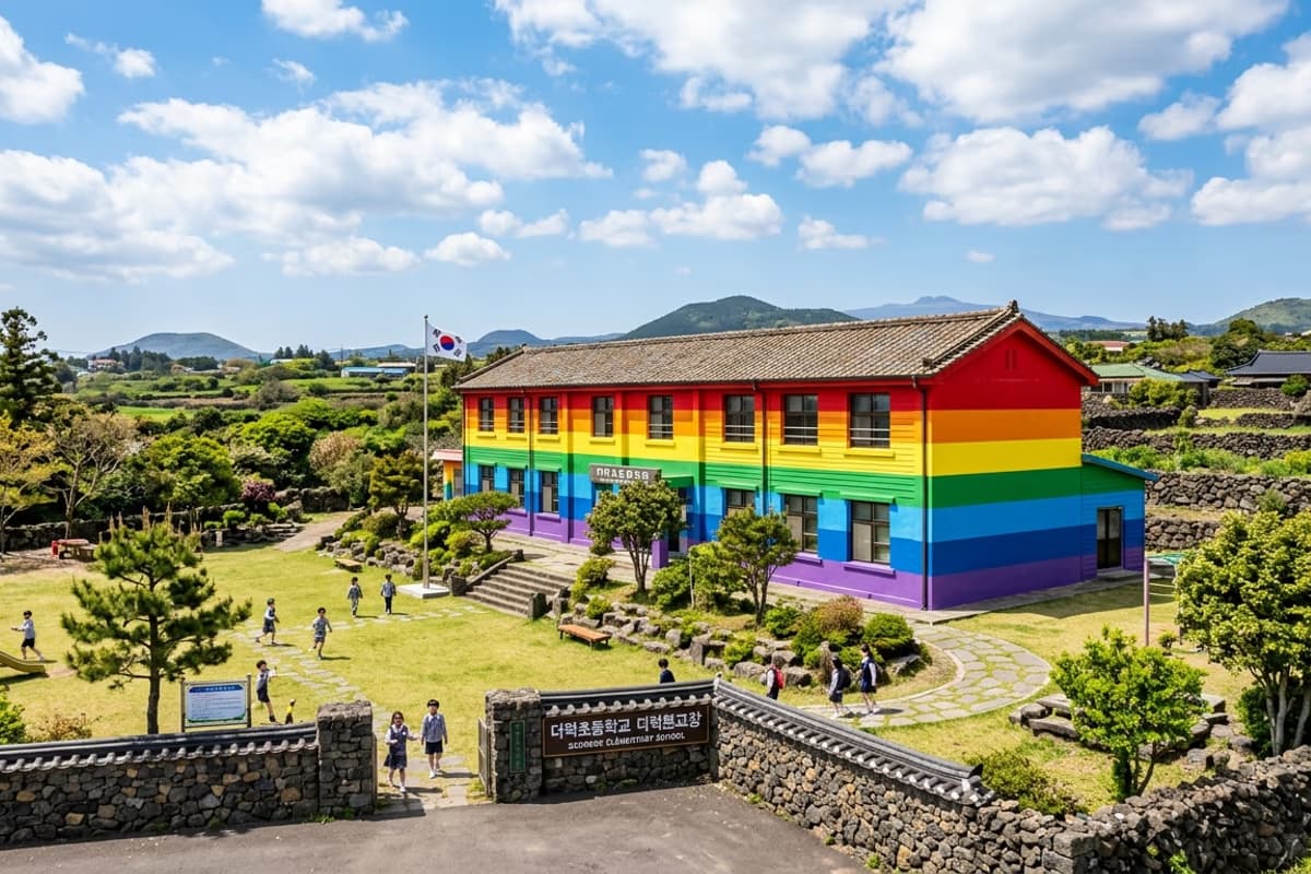 Deoreok Elementary School's rainbow-painted exterior against the deep blue of a Jeju mid-mountain sky