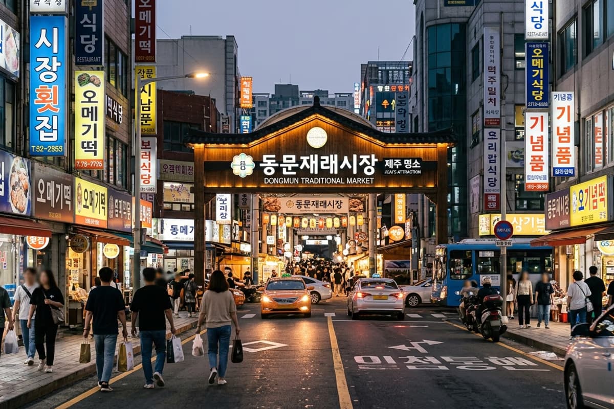 동문시장 주변 도로와 제주시내 야경