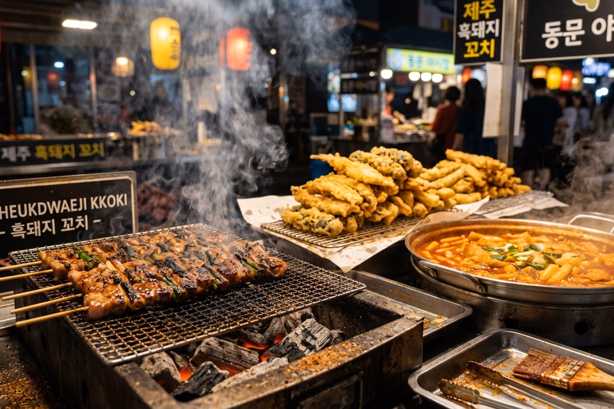 동문시장 야시장 흑돼지 꼬치구이와 회튀김 노점 불빛