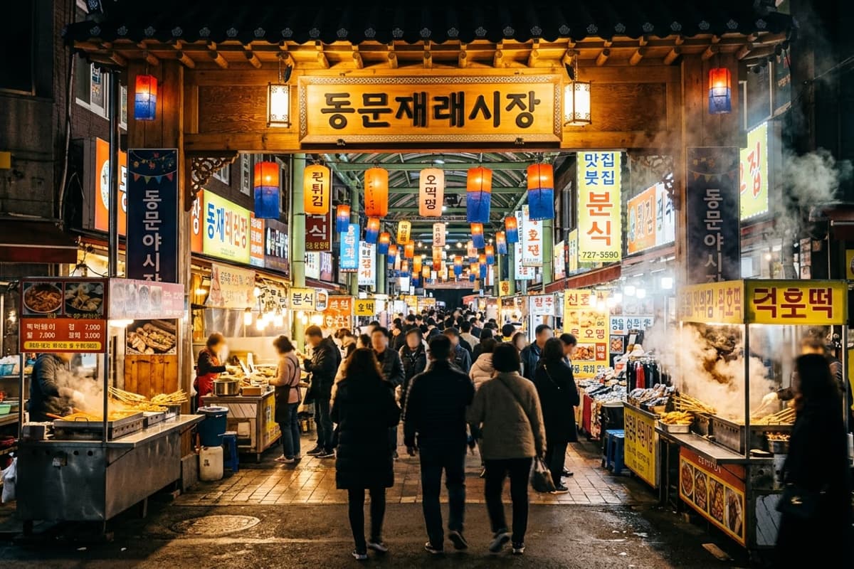 제주 동문시장 야시장 입구 불빛과 먹거리 노점 전경