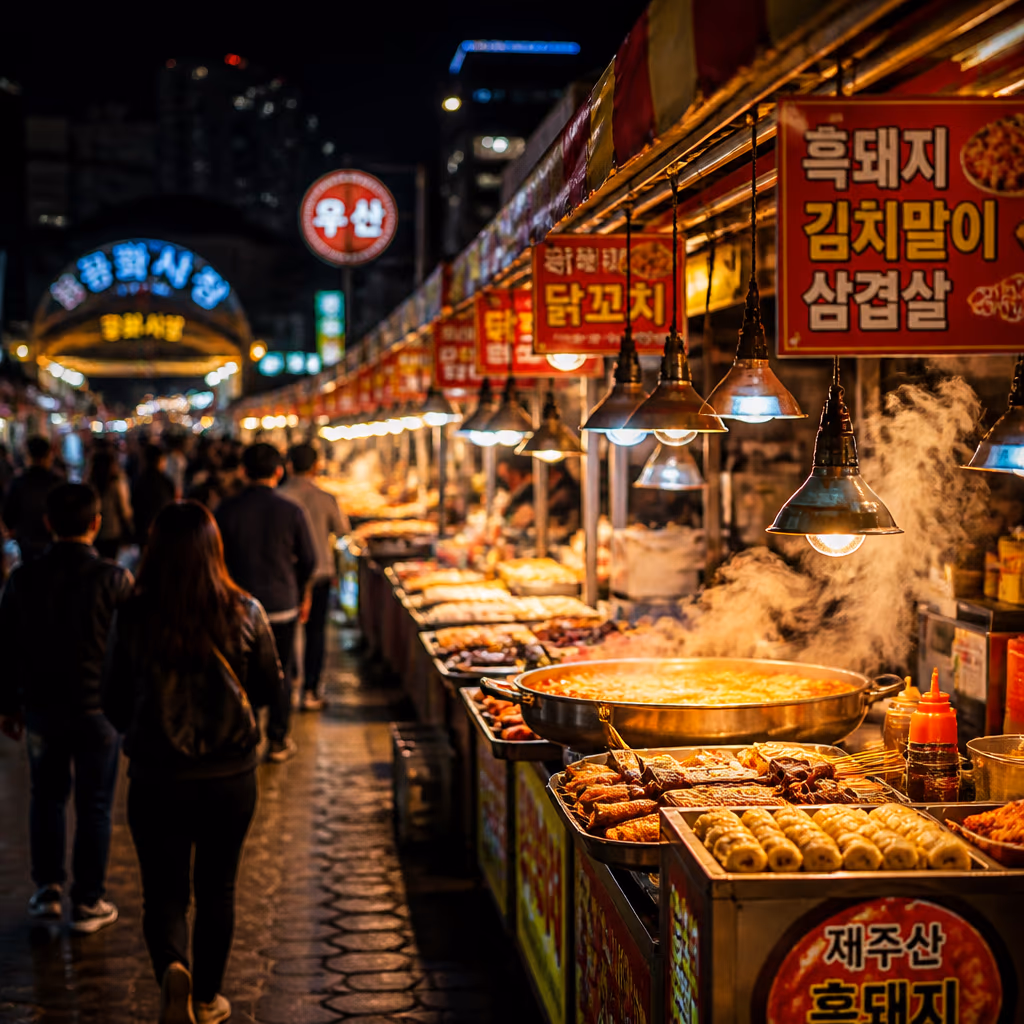 해 진 직후 블루 아워의 동문 야시장, 등불이 막 켜진 노점과 흐릿한 인파의 빛 풍경