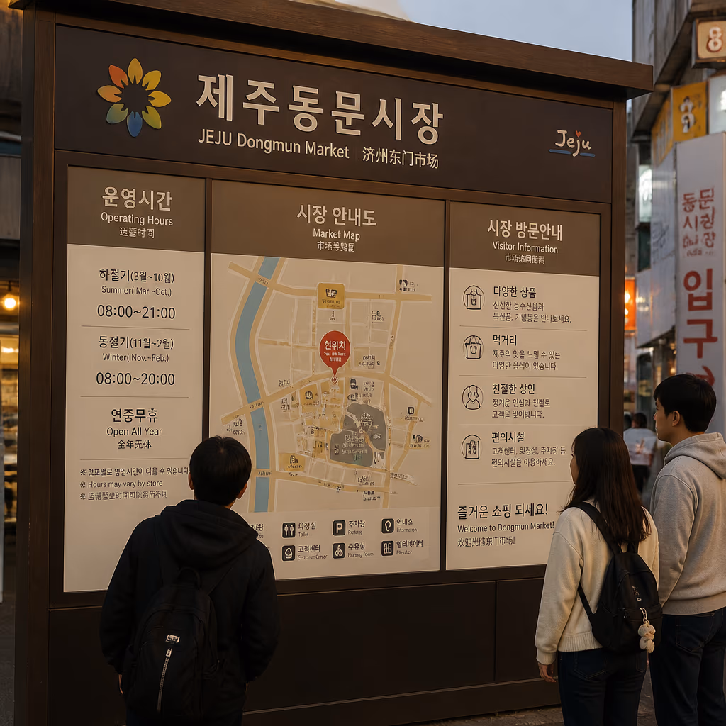 동문시장 입구의 운영 시간·약도·방문 안내 게시판과 천천히 살펴보는 방문객 실루엣