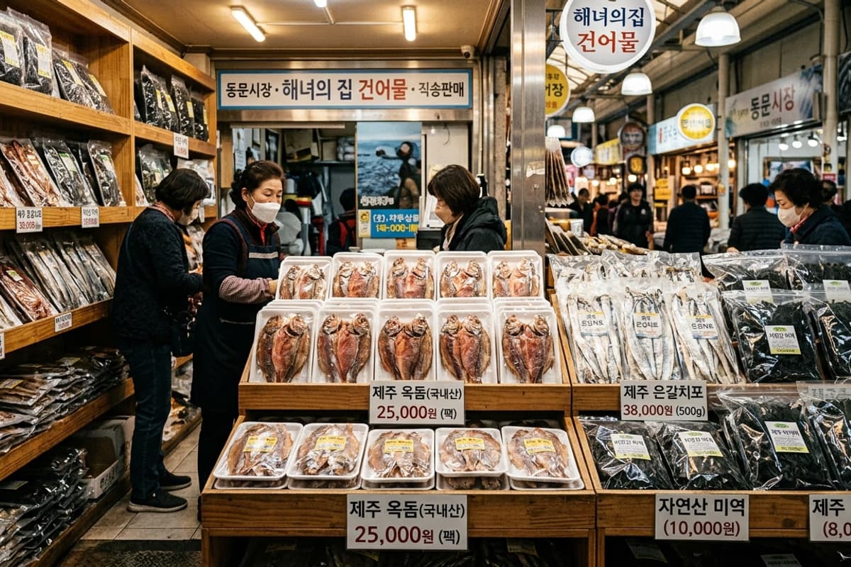 동문시장 건어물 가게 진열대, 제주산 옥돔포와 갈치포