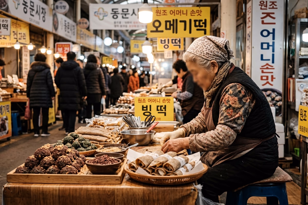 동문시장 할머니 좌판과 제주 전통 오메기떡 진열