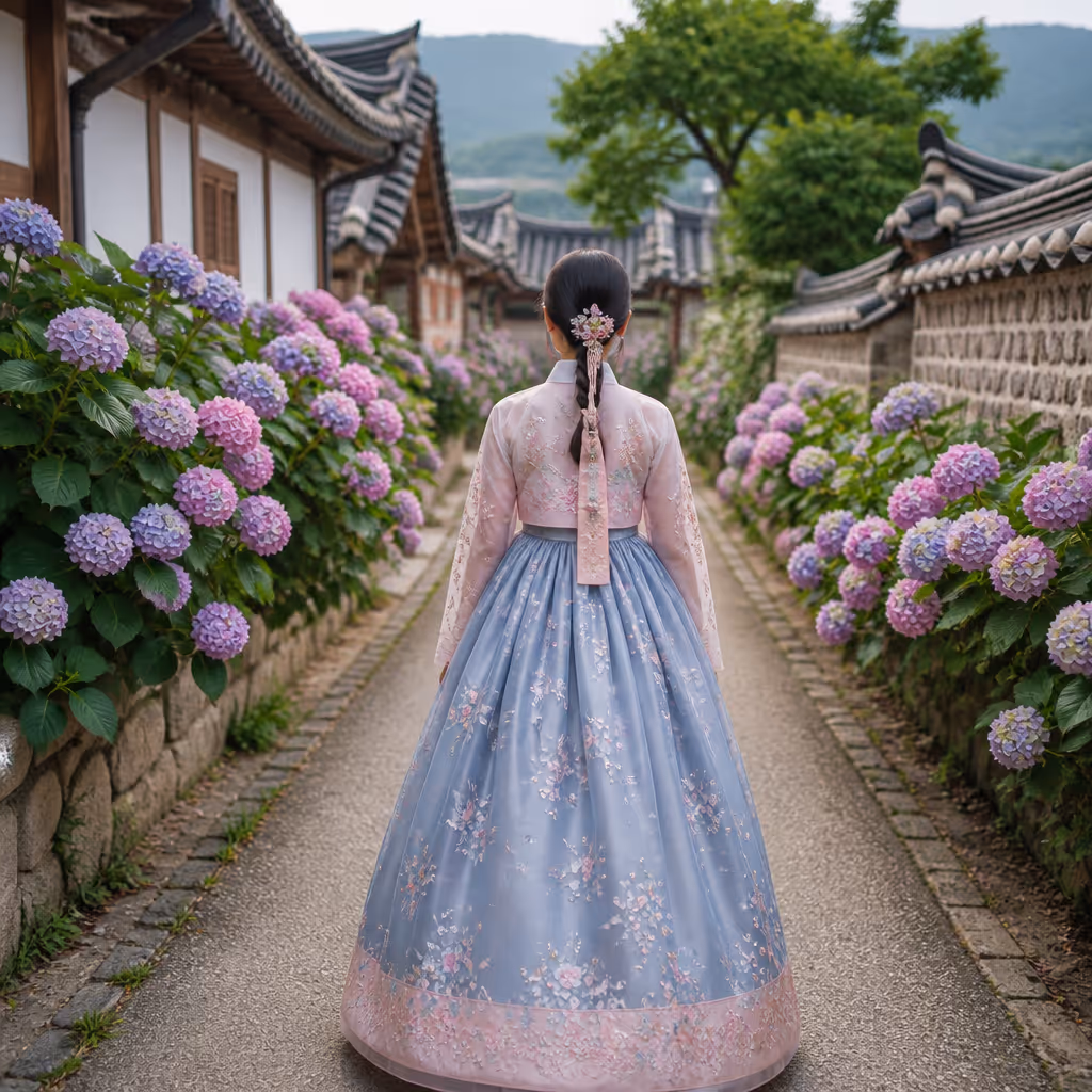 제주민속촌 한복 산책, 돌담 골목 위로 푸른 꽃송이와 한복 자락