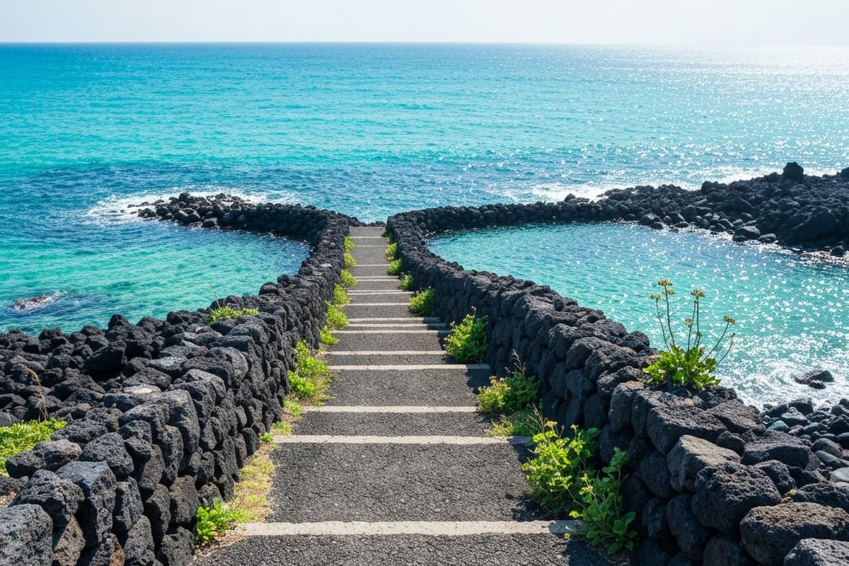 The short basalt-and-stone path crossing the headland between Hyeopjae and Geumneung