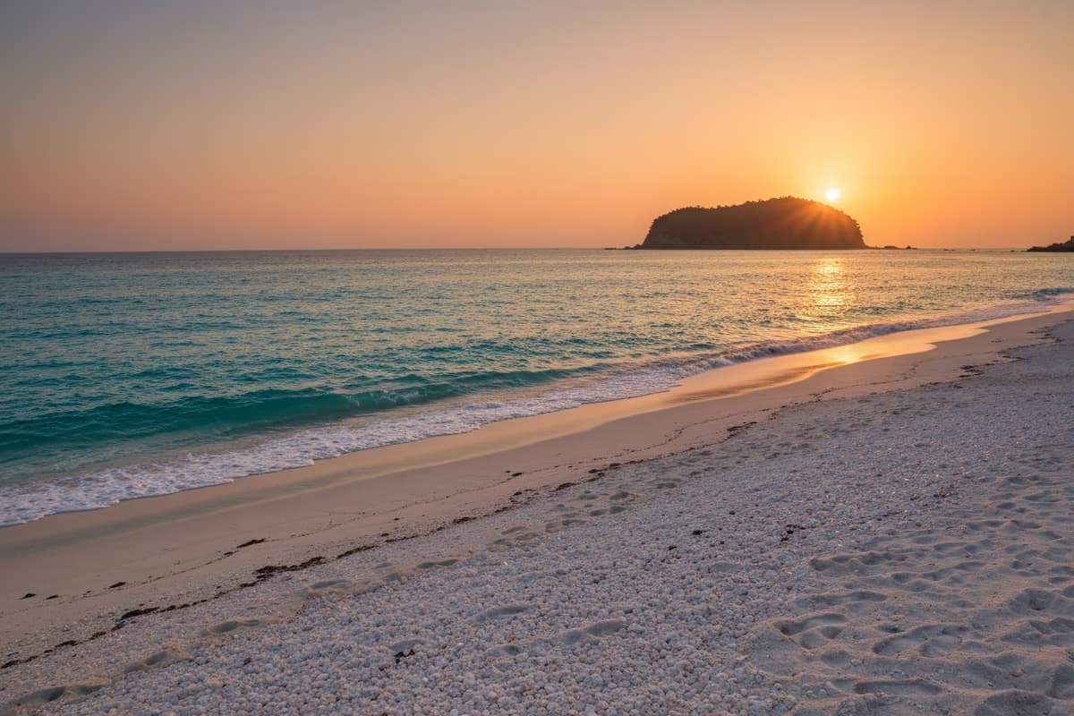 Geumneung Beach at sunset — the sun dropping beside Biyangdo Island over emerald shallows
