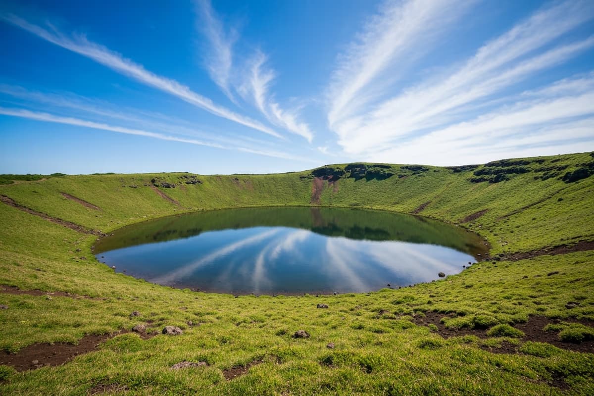 金オルムの火口内に溜まる丸い山頂湖と、それを取り囲む草地
