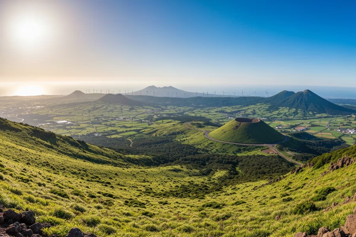 金オルムの稜線から東に見える漢拏山頂稜線と中山間の風景