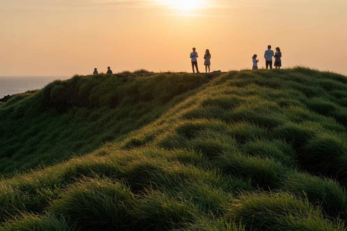 金オルムの稜線の上で、静かに夕焼けを待つ一二名のシルエット