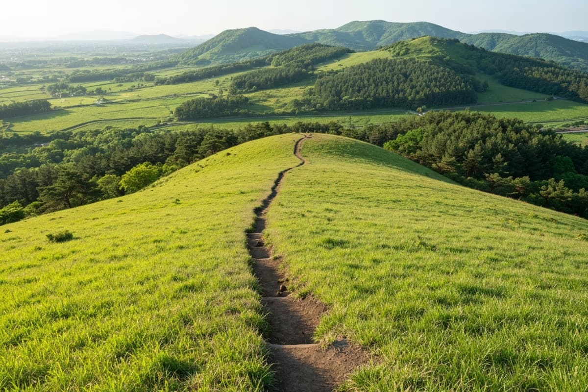金オルム登山道入口のなだらかな土の道と緑の草地