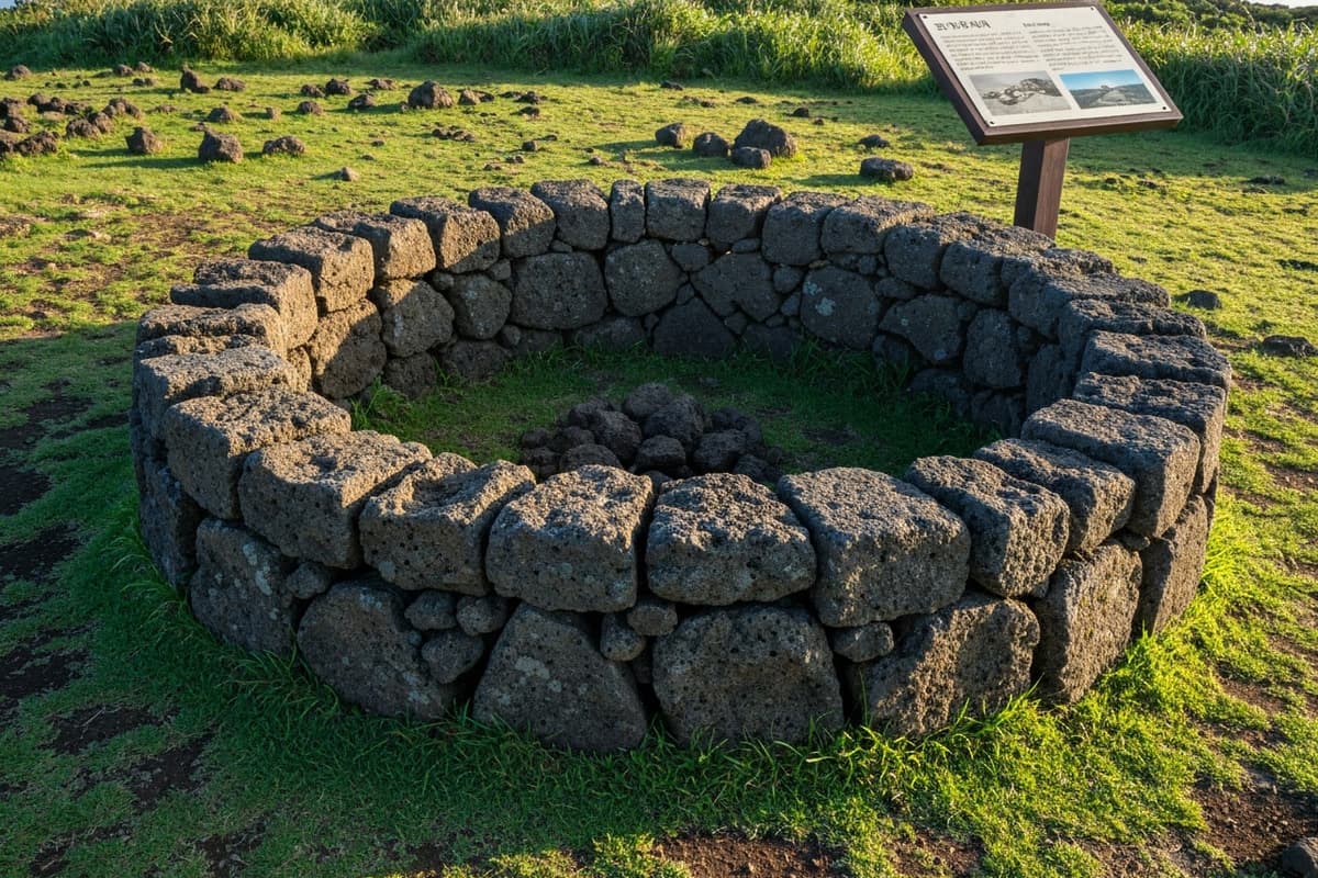 高内峰頂上の烽火台跡、芝生の上に円形に積まれた石の風景