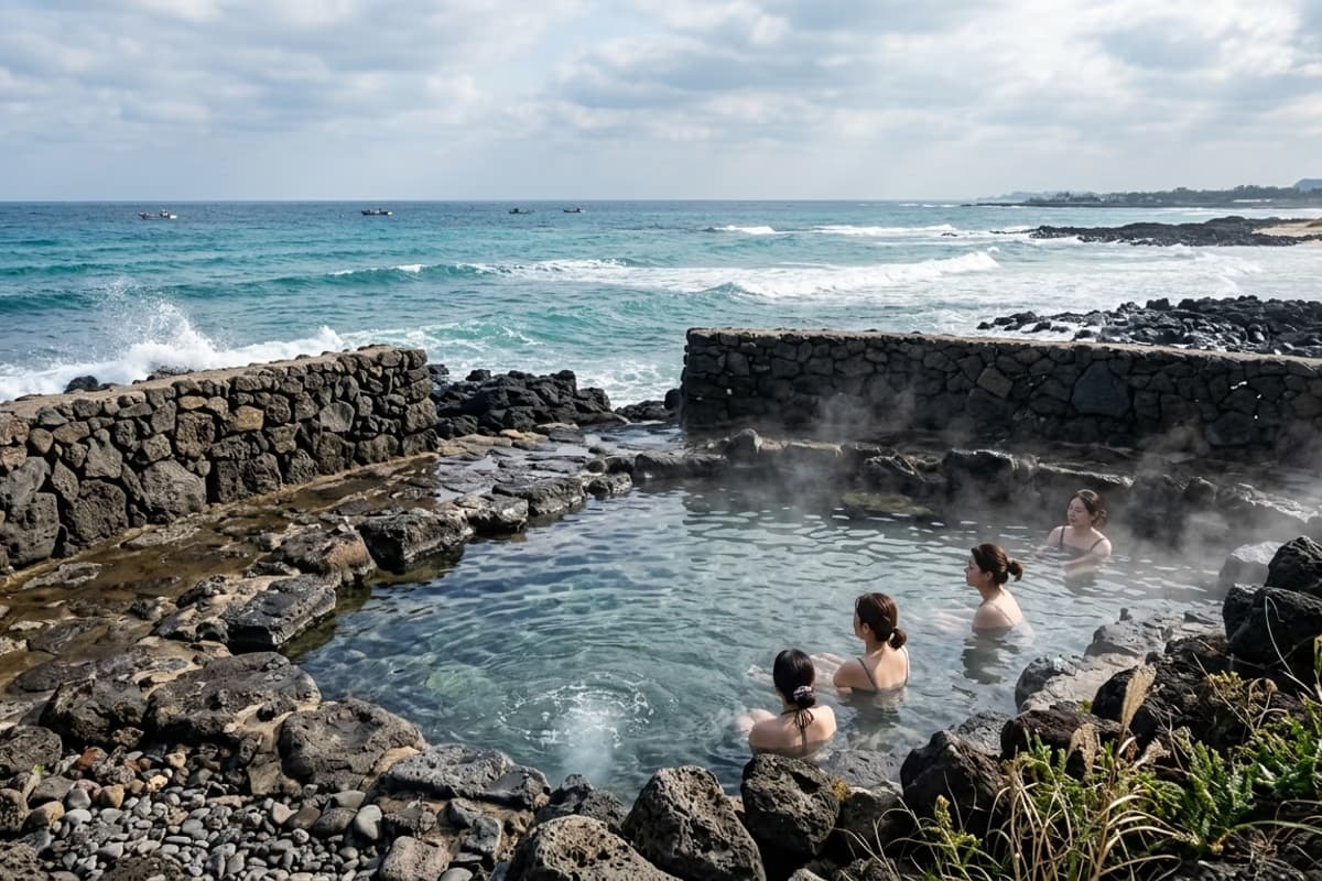 郭支果物海水浴场涌泉露天浴池与石墙